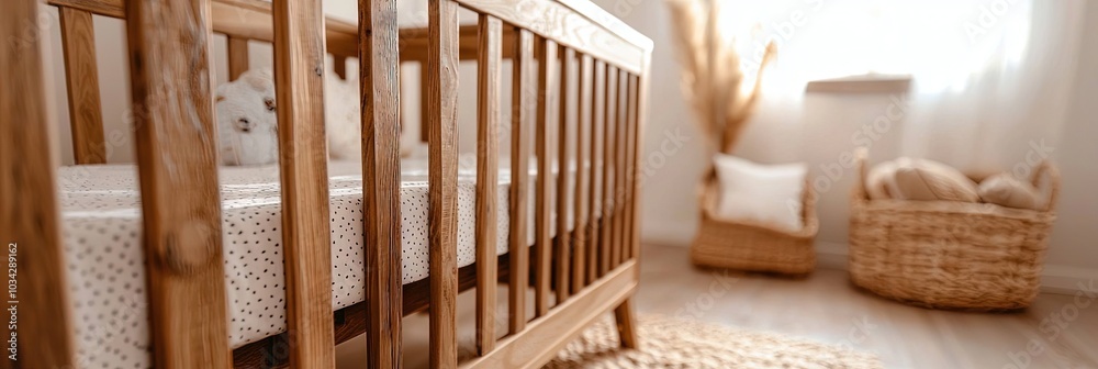 wooden baby crib in baby's room, clean, soft, wooden baby crib in baby's room, clean, soft,