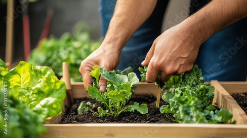 Hands tending to fresh greens in a community garden during a sunny afternoon in springtime