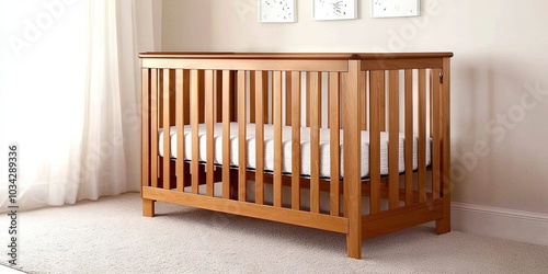 wooden baby crib in baby's room, clean, soft,