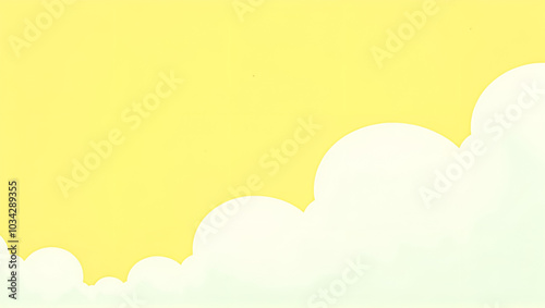 Bright yellow background with fluffy clouds, cheerful and sunny design, delightful atmosphere, copy space