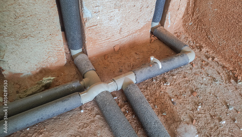 Plumbing pipe at construction site during water supply installation