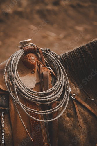 closeup of rustic western saddle with saddle horn and lariat rope