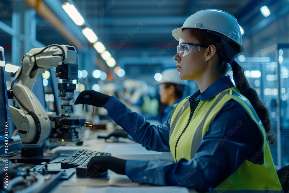 A skilled engineer works at a workstation with a robotic arm, focusing intently on the machinery in a well-lit manufacturing environment A skilled engineer works at a workstation with a robotic arm, focusing intently on the machinery in a well-lit manufacturing environment