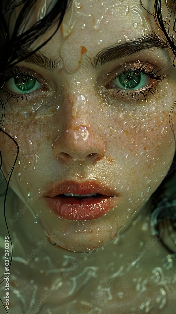 Close-Up Portrait of a Woman with Water Droplets on Her Face Close-Up Portrait of a Woman with Water Droplets on Her Face