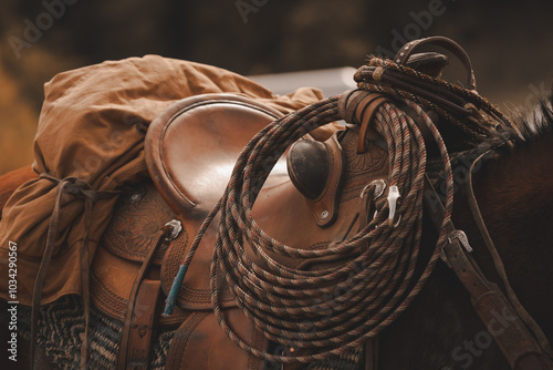 closeup of rustic leather western saddle with saddle horn, lariat rope, and pack