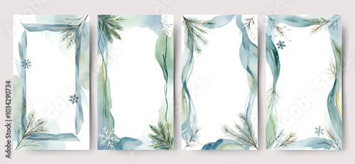 Watercolor frames with fir branches inl strokes and blank place. Christmas cards in pastel blue colors. Winter backgrounds