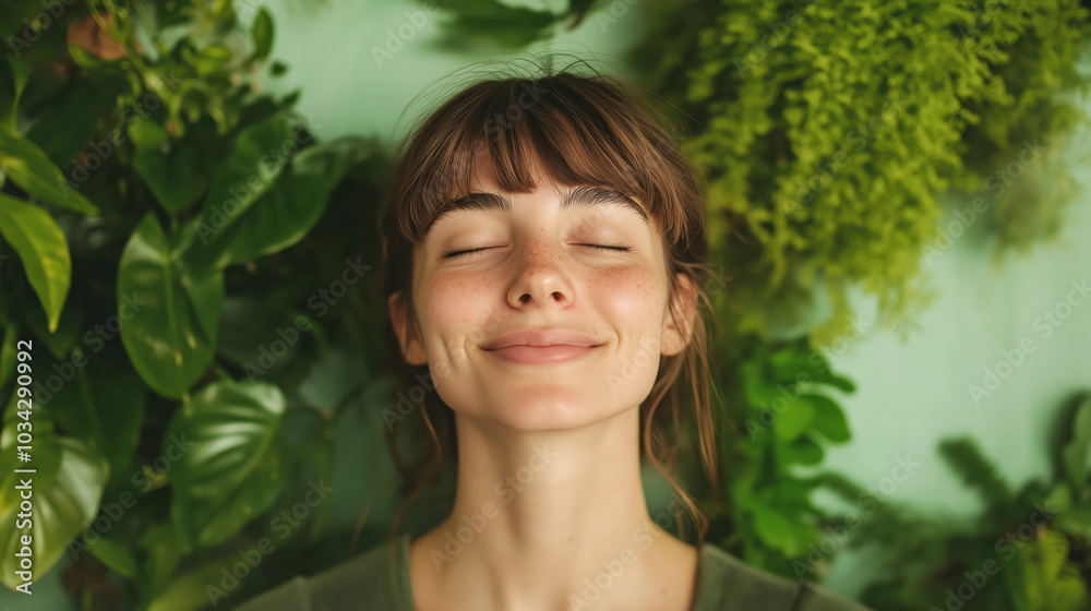 Young woman enjoying tranquility surrounded by greenery Young woman enjoying tranquility surrounded by greenery