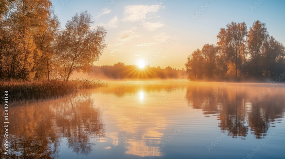 Serene sunrise over a tranquil lake in autumn Serene sunrise over a tranquil lake in autumn