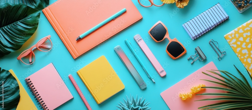 Flat lay with stationery, sunglasses, and tropical leaves on a blue background. Flat lay with stationery, sunglasses, and tropical leaves on a blue background.