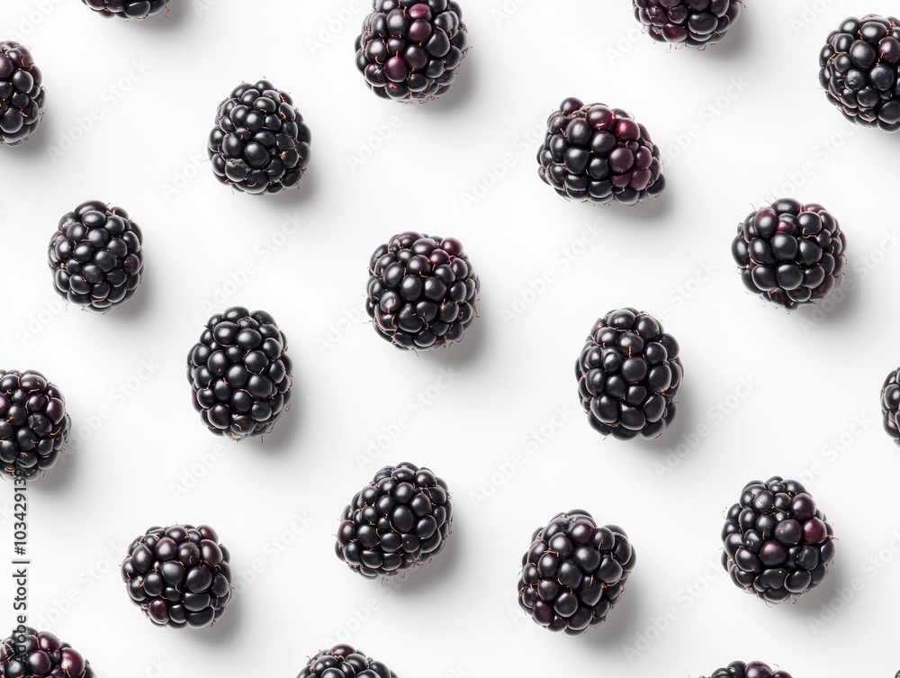 Top-down view of fresh blackberries arranged in a grid pattern on a clean white background for a minimalistic and vibrant presentation. Top-down view of fresh blackberries arranged in a grid pattern on a clean white background for a minimalistic and vibrant presentation.