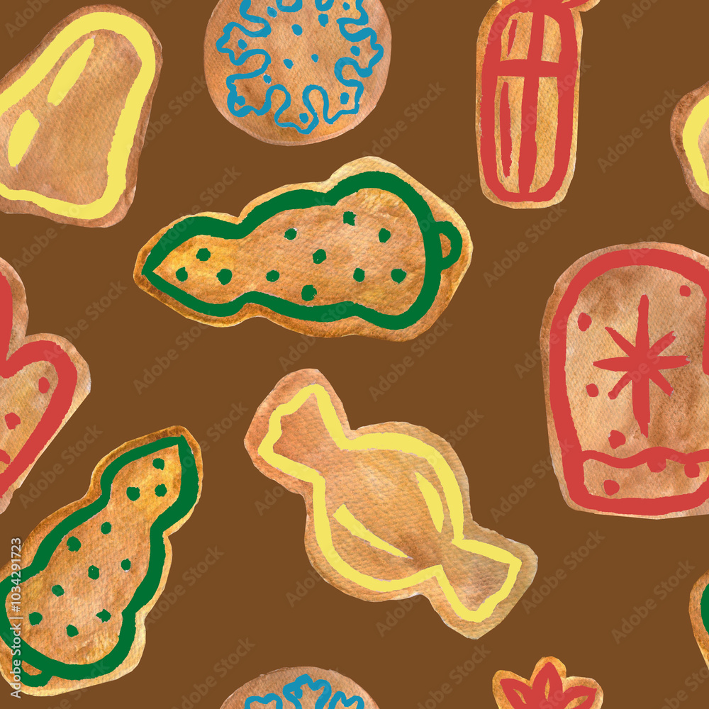 gingerbread tree gift candy mittens Christmas baking holiday cookies with icing seamless pattern watercolor composition isolated on a brown background base for cards textile tableware gingerbread tree gift candy mittens Christmas baking holiday cookies with icing seamless pattern watercolor composition isolated on a brown background base for cards textile tableware