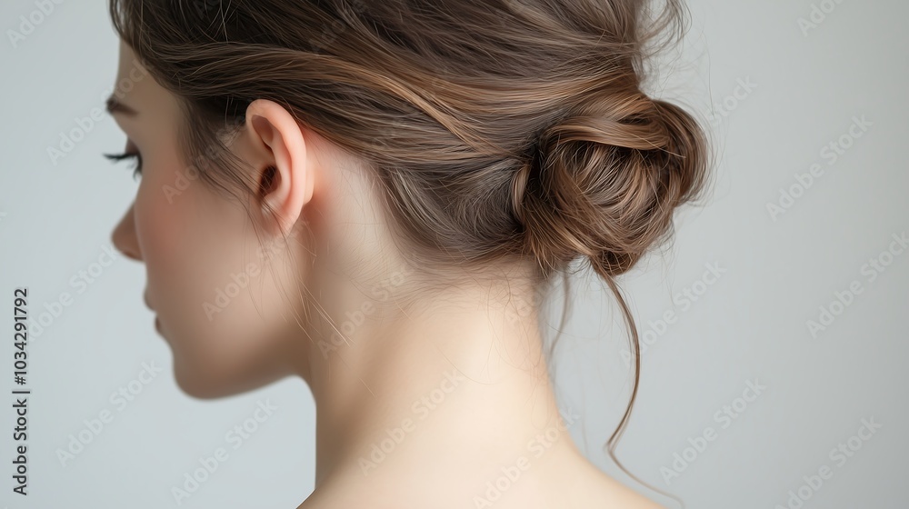 Naklejka premium Back neck of a white woman with tied hair, shoulders, girl, skincare beauty cosmetic products model