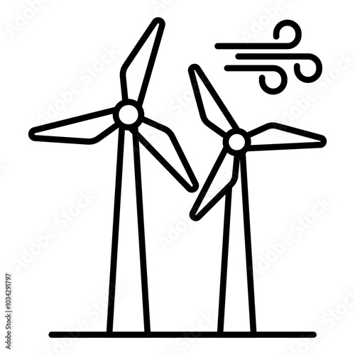Vector icon of Wind Turbine. This icon shows a wind turbine, representing renewable energy and green technology. Great for energy production, sustainability, and climate change awareness.