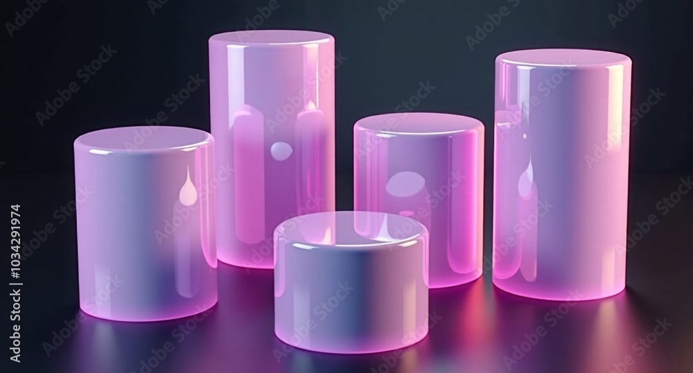 A few periwinkle translucent mirror cylinders glimmer with elegance, their smooth surfaces realistically rendered against a dramatic black background in 3D. A few periwinkle translucent mirror cylinders glimmer with elegance, their smooth surfaces realistically rendered against a dramatic black background in 3D.