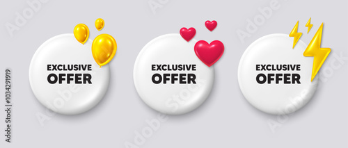 Exclusive offer tag. White buttons with 3d icons. Sale price sign. Advertising discounts symbol. Exclusive offer button message. Banner badge with balloons, energy, heart. Social media icons. Vector