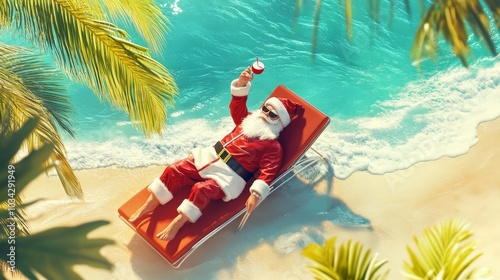 Illustration Of Santa Claus Chilling At The Beach Drinking a Cocktail,, Santa In Vacation, Sunny Beach Background, Christmas Concept Background