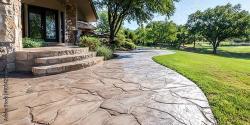 Stamped concrete flagstone walkway leading to house entrance
