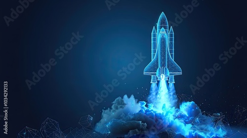 Abstract space shuttle launches into space. Glowing rocket and smoke under it. Digital start-up and success concept. Low poly wireframe 3D illustration in technology blue on a dark background