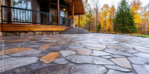 Stamped concrete flagstone walkway leading to house entrance