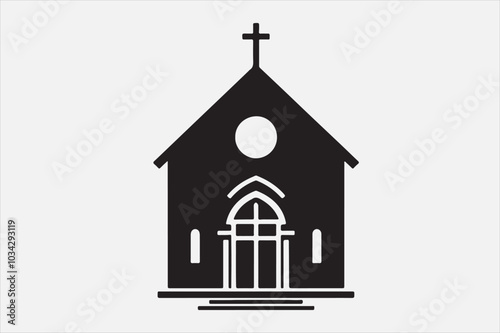 A silhouette of a church with  a cross on top.