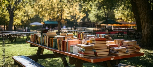 A picnic table piled high with books in a park setting. photo