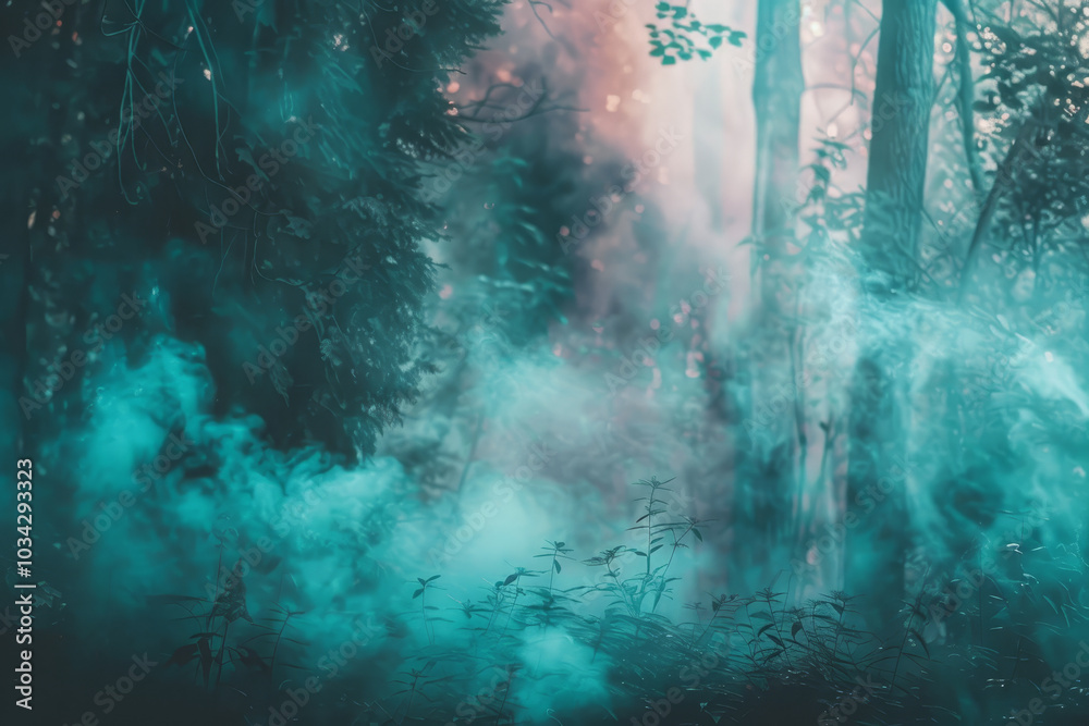 A thick, turquoise mist obscures parts of a serene forest during early morning hours, adding an enchanting depth to the natural landscape A thick, turquoise mist obscures parts of a serene forest during early morning hours, adding an enchanting depth to the natural landscape