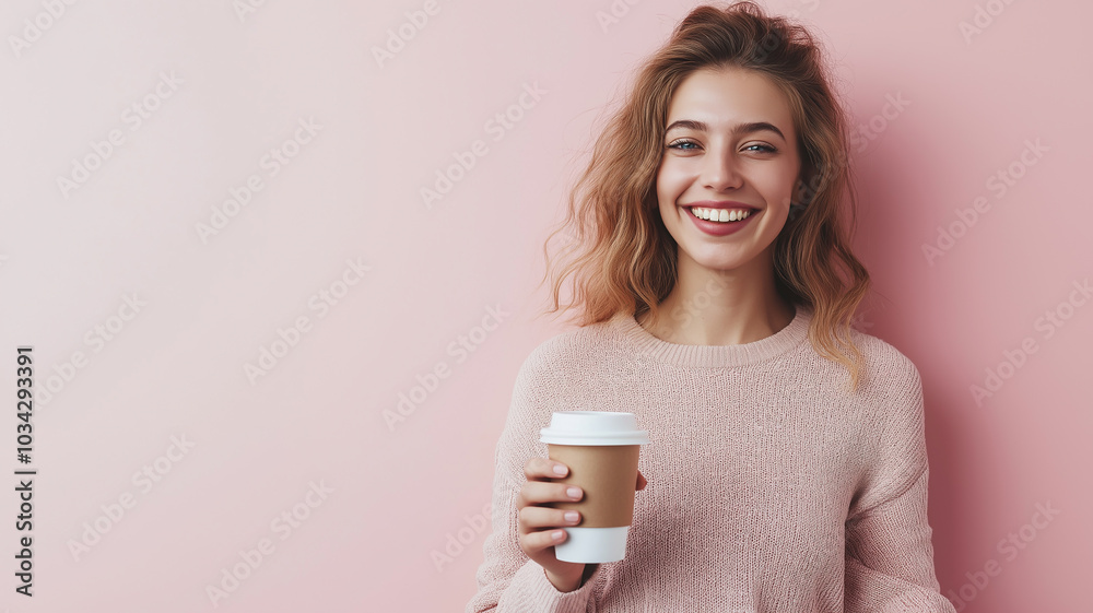 Smiling woman holding coffee cup against a pastel pink background Smiling woman holding coffee cup against a pastel pink background