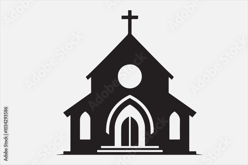 A silhouette of a church with  a cross on top.