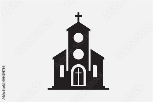 A silhouette of a church with  a cross on top.