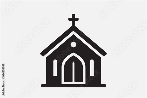 A silhouette of a church with  a cross on top.