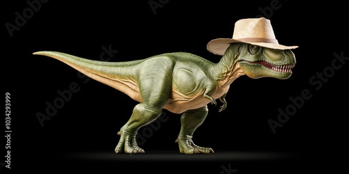 Fototapeta Naklejka Na Ścianę i Meble -  T Rex Dinosaur Wearing a Straw Hat