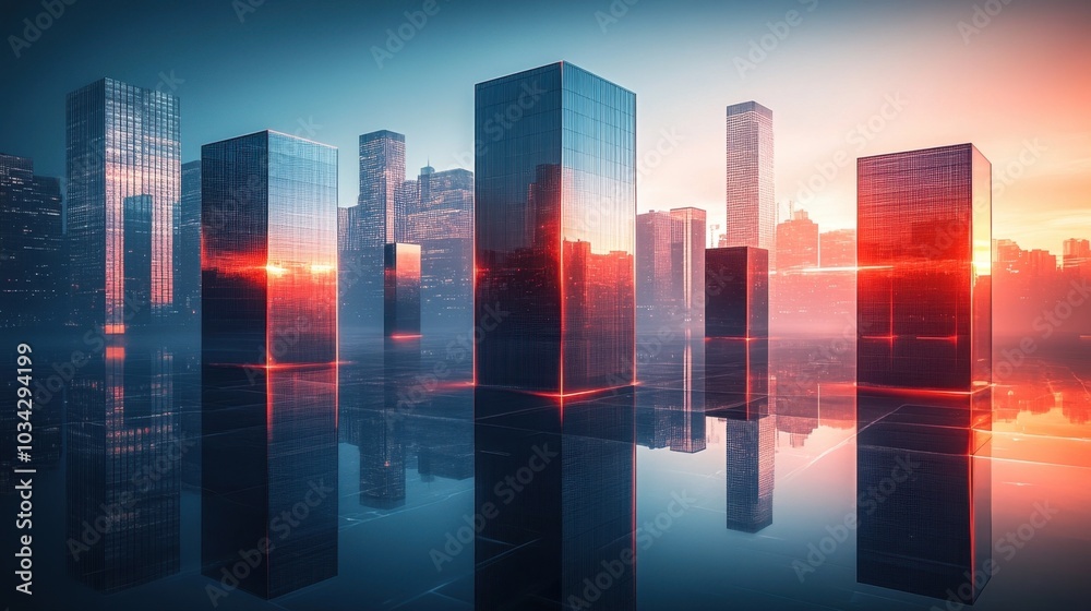 Futuristic Cityscape Skyline with Glowing Skyscrapers and Reflective Surfaces at Sunset