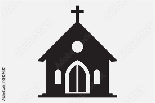 A silhouette of a church with  a cross on top.