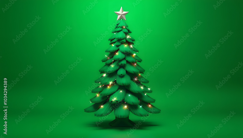 Green Christmas tree with sparkling lights on green background 3D Rendering, 3D Illustration isolated with white highlights, png