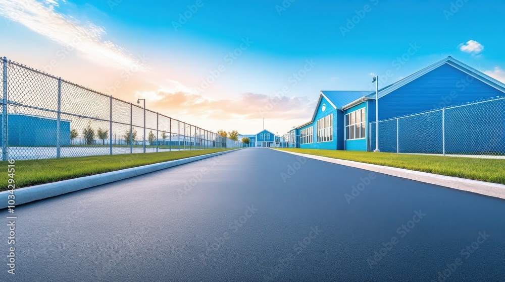 Obraz premium Blue School Building with Asphalt Driveway and Chain Link Fence