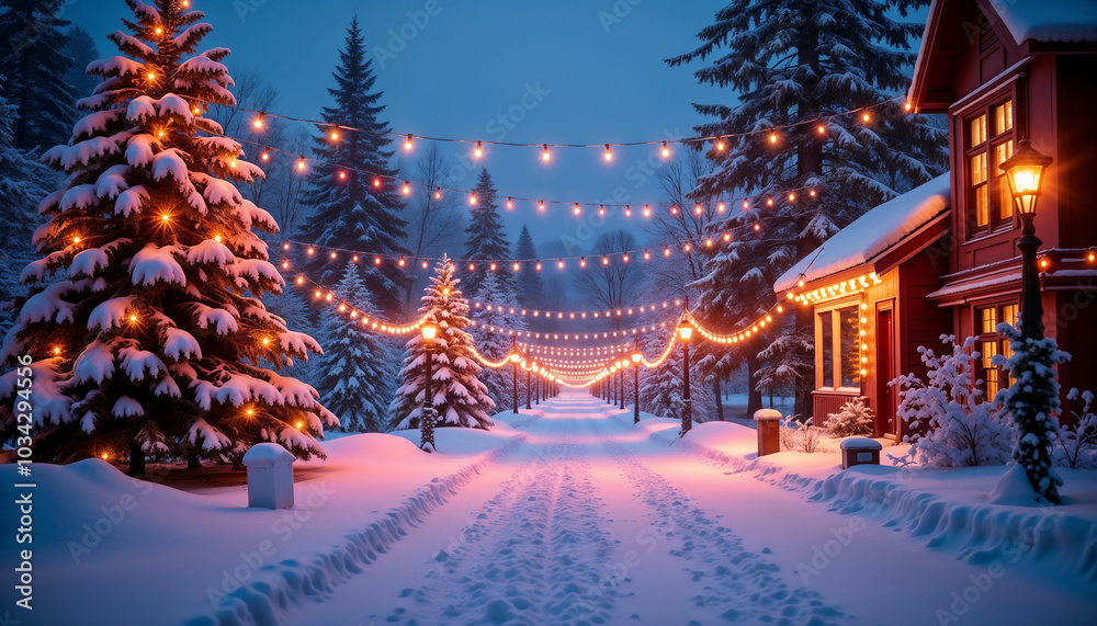 New Year background with snowy path and beautifully lit trees creating a festive winter scene New Year background with snowy path and beautifully lit trees creating a festive winter scene