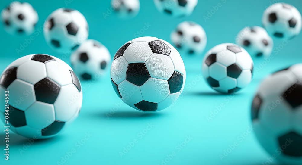 Fototapeta premium Soccer balls on a turquoise backdrop. A dynamic arrangement of soccer balls appears to be floating against a vibrant turquoise backdrop, evoking energy and excitement.