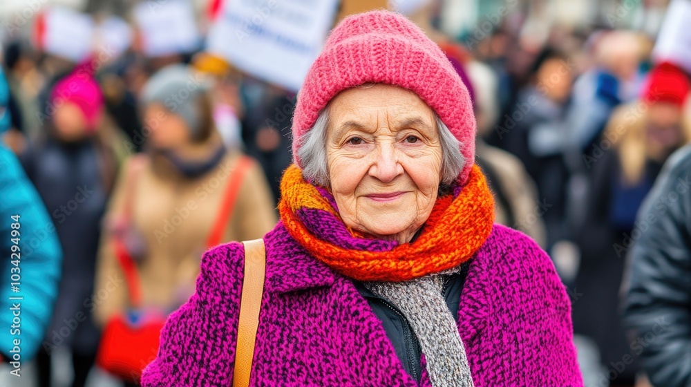 Elderly woman in colorful attire at a peaceful protest Elderly woman in colorful attire at a peaceful protest