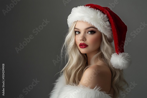 Beauty Christmas fashion model girl . Long straight blonde hair in red santa hat. blonde young woman portrait, fashionable party clothes and accessories