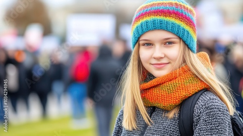 Young woman with colorful knitwear at outdoor gathering