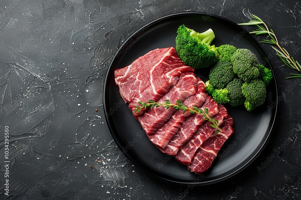 Freshly sliced beef rests on a black plate, garnished with a sprig of herbs, beside vibrant green broccoli, creating a healthy meal option.