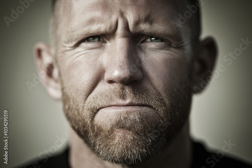 Close-up portrait of a serious bearded man with intense expression and deep texture