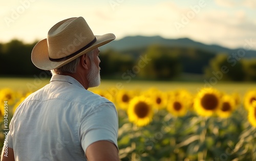 A man wearing a straw hat stands in a sunflower field, gazing at the landscape under a bright sky.