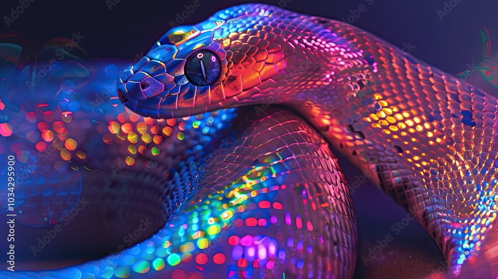Closeup of snake with vibrant, iridescent scales illuminated by neon light, showcasing reptile's detailed texture and reflective colors Closeup of snake with vibrant, iridescent scales illuminated by neon light, showcasing reptile's detailed texture and reflective colors