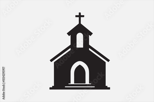 A silhouette of a church with  a cross on top.