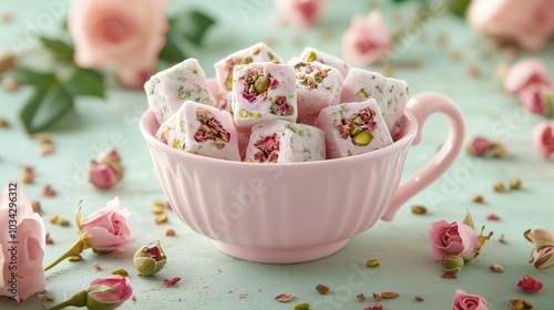 Pink delight, rose flavoured turkish delight in a cup surrounded by roses