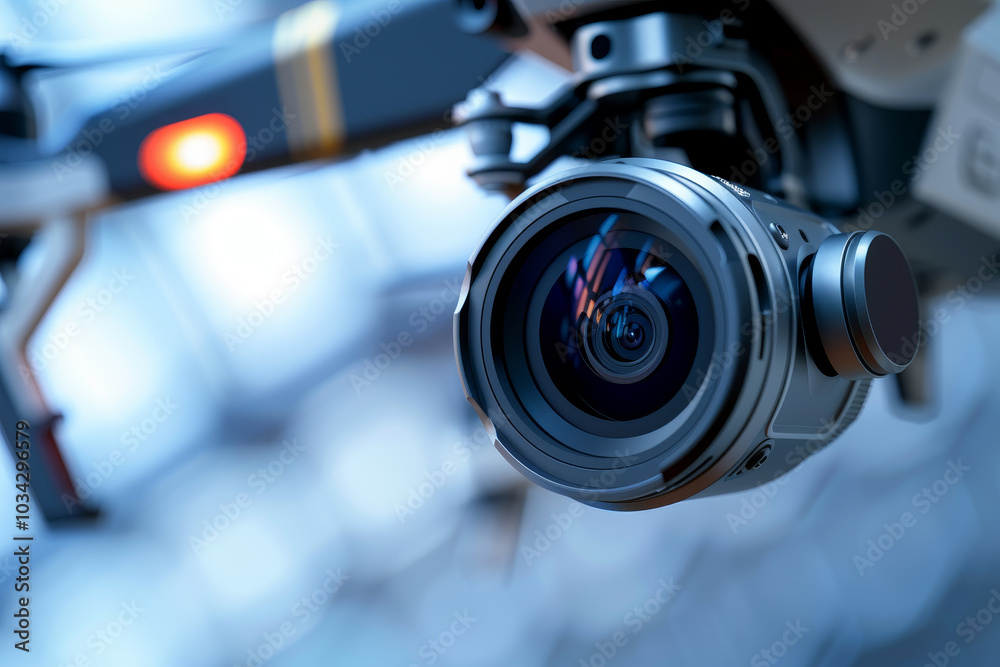 A high-tech drone camera is prominently displayed, highlighting its sophisticated design and advanced optical features, against a softly blurred backdrop of a technology setting A high-tech drone camera is prominently displayed, highlighting its sophisticated design and advanced optical features, against a softly blurred backdrop of a technology setting