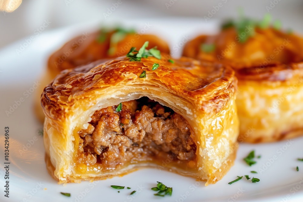 small meat pie with a rich golden crust, cut open to reveal a savory filling, garnished with fresh herbs. The vibe is rustic and hearty