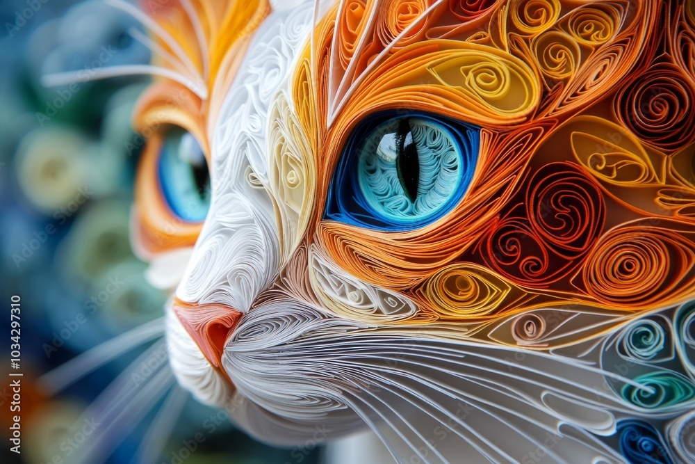Ginger and white cat portrait made with paper quilling technique Ginger and white cat portrait made with paper quilling technique