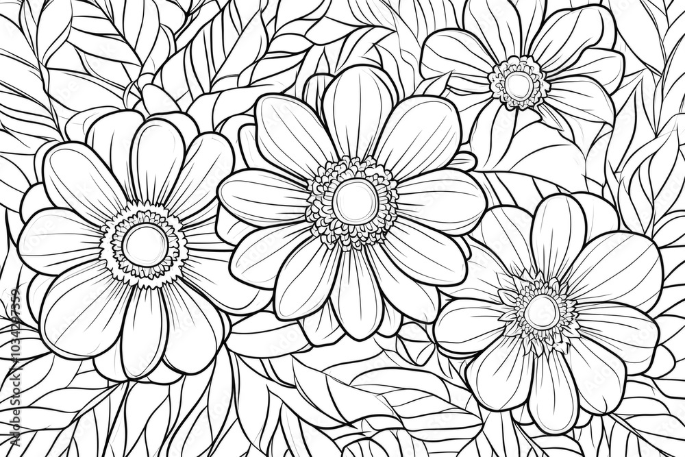 Fototapeta premium Black and white floral pattern with detailed petals and leaves coloring page